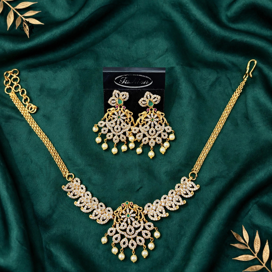 Gold-Plated CZ & Emerald Green Bridal Necklace Set with Jhumka Earrings