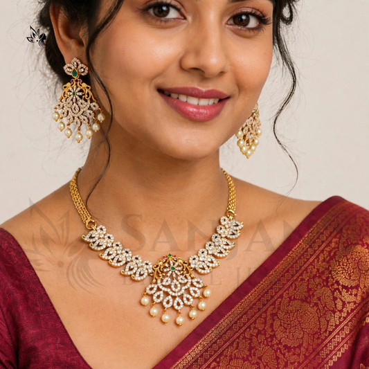 Gold-Plated CZ & Emerald Green Bridal Necklace Set with Jhumka Earrings