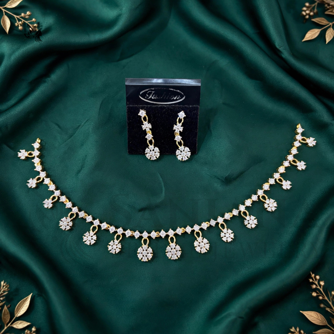 Elegant Floral Cubic Zirconia Necklace and Earring Jewelry Set – Gold-Toned Bridal & Party Wear