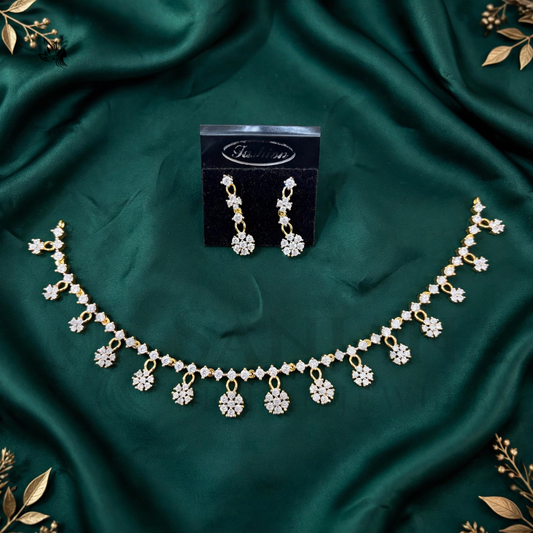 Elegant Floral Cubic Zirconia Necklace and Earring Jewelry Set – Gold-Toned Bridal & Party Wear