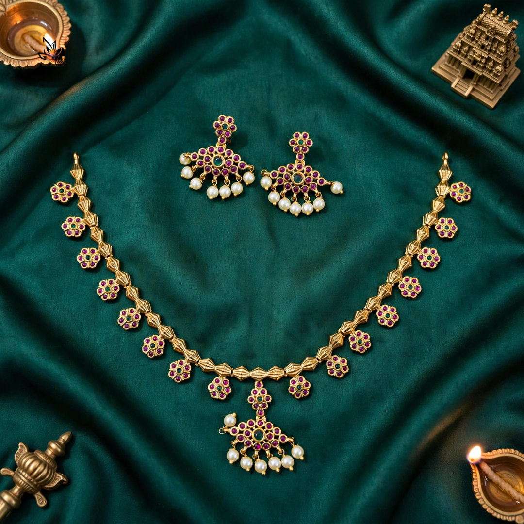 Traditional Gold-Plated Floral Necklace Set with Pearl Drop Earrings