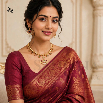Traditional Gold-Plated Floral Necklace Set with Pearl Drop Earrings