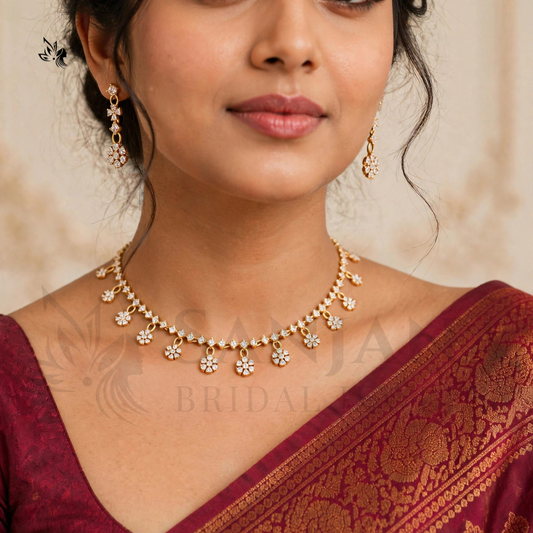 Elegant Floral Cubic Zirconia Necklace and Earring Jewelry Set – Gold-Toned Bridal & Party Wear