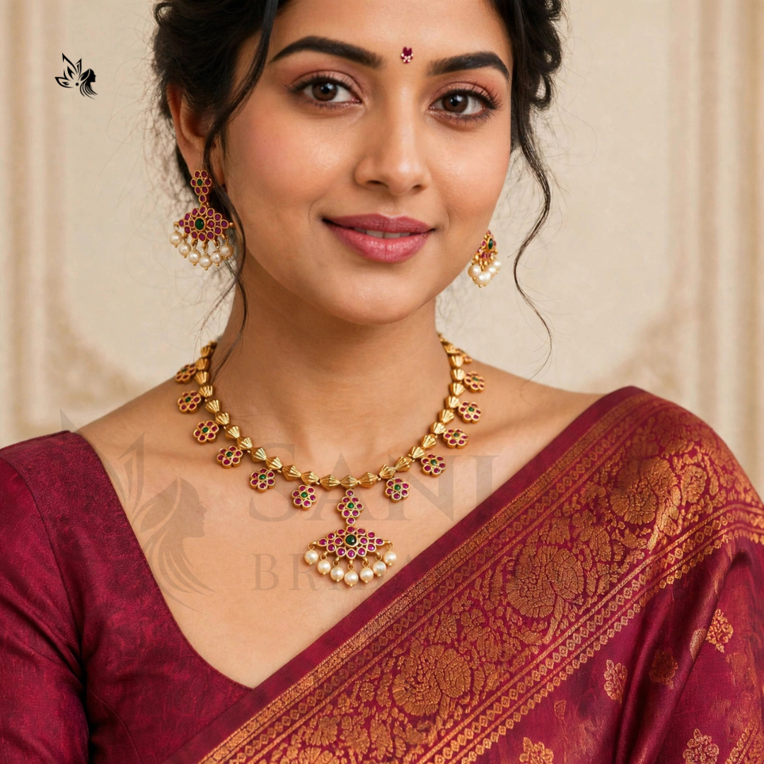 Traditional Gold-Plated Floral Necklace Set with Pearl Drop Earrings