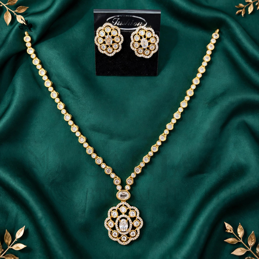 Gold-Plated Floral Rhinestone Necklace Set with Matching Stud Earrings