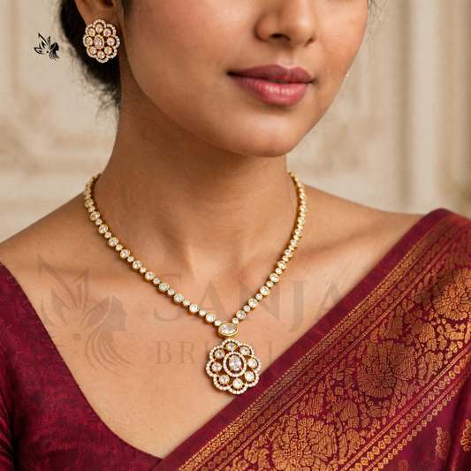 Gold-Plated Floral Rhinestone Necklace Set with Matching Stud Earrings