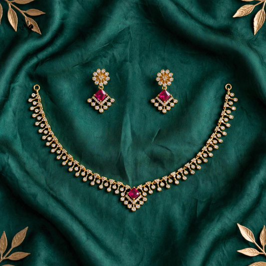 Traditional Gold-Toned Cubic Zirconia & Ruby Floral Necklace Set