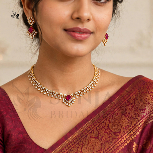 Traditional Gold-Toned Cubic Zirconia & Ruby Floral Necklace Set