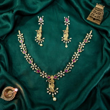 Traditional Gold-Plated lord krishna Necklace Set with Pink Stones & Pearls