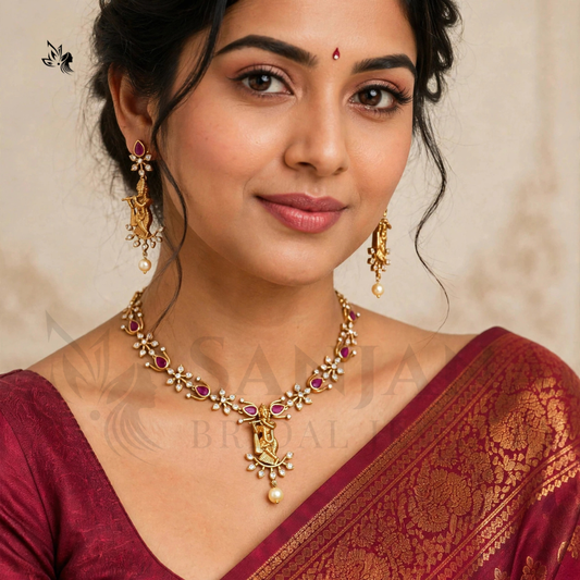 Traditional Gold-Plated lord krishna Necklace Set with Pink Stones & Pearls