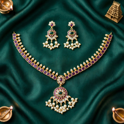 Traditional Gold Tone Temple Necklace Set with Ruby & Emerald Stones