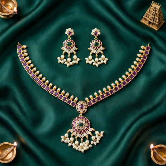 Traditional Gold Tone Temple Necklace Set with Ruby & Emerald Stones