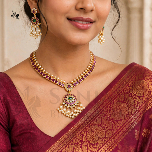 Traditional Gold Tone Temple Necklace Set with Ruby & Emerald Stones