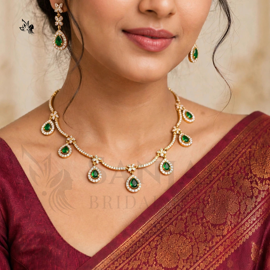 Gold-Plated Emerald & CZ Teardrop Necklace Set with Earrings