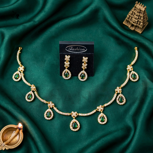Gold-Plated Emerald & CZ Teardrop Necklace Set with Earrings