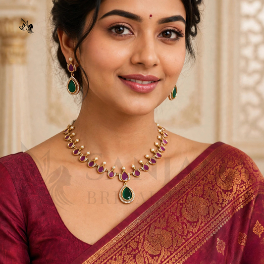 Royal Gold-Toned Emerald & Ruby Bridal Necklace Set with Matching Earrings