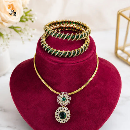 Premium Emerald Gold AD Pendant Necklace Set with Designer Bangles