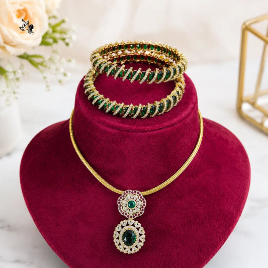 Premium Emerald Gold AD Pendant Necklace Set with Designer Bangles