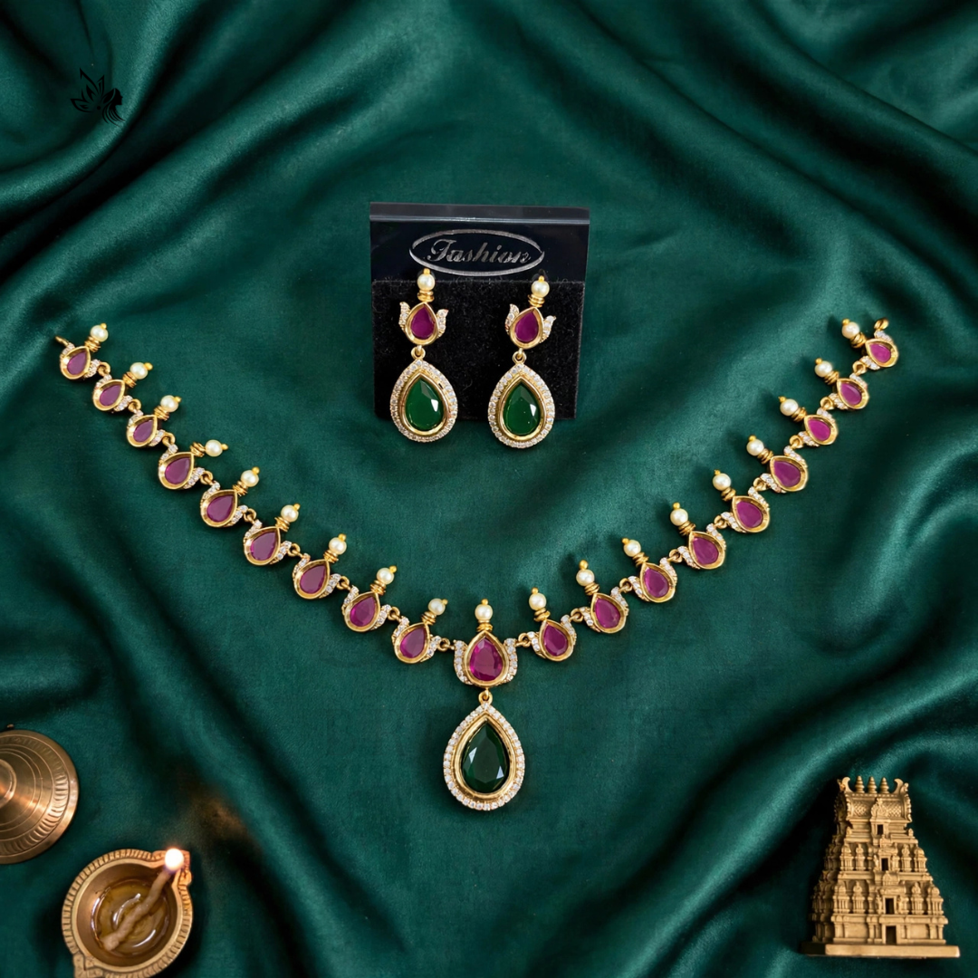 Royal Gold-Toned Emerald & Ruby Bridal Necklace Set with Matching Earrings