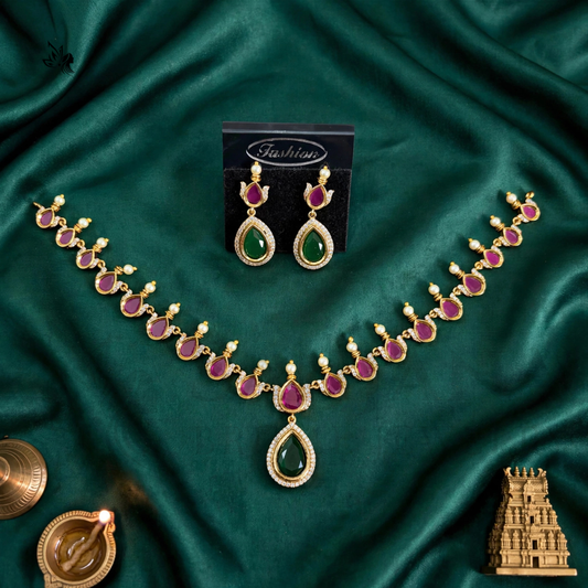 Royal Gold-Toned Emerald & Ruby Bridal Necklace Set with Matching Earrings