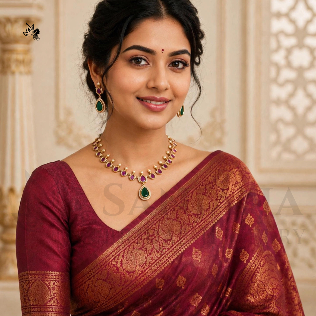 Royal Gold-Toned Emerald & Ruby Bridal Necklace Set with Matching Earrings
