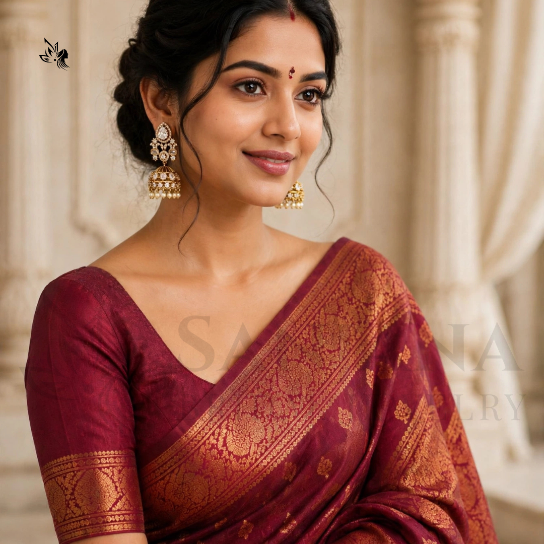 A woman wearing a deep maroon silk saree with intricate gold zari brocade work and a matching gold ornate earring, posed against a soft beige classical column background.