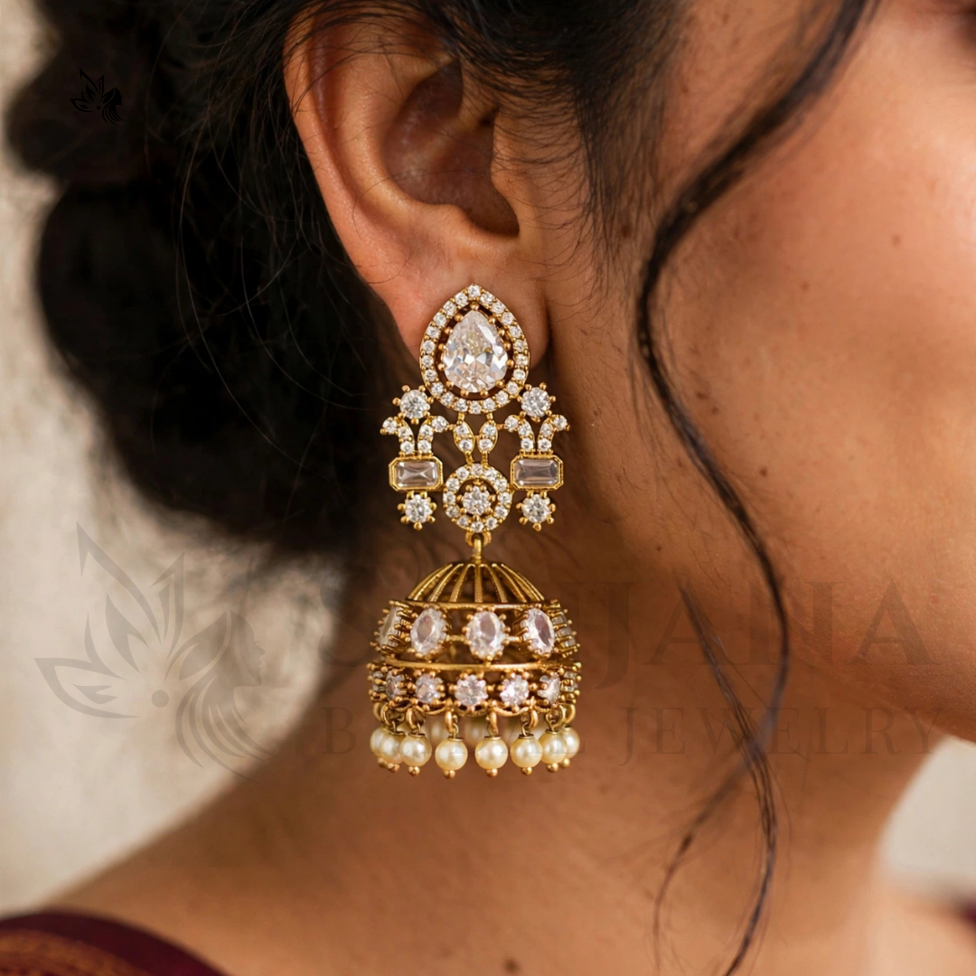 Royal Antique Gold Jhumka Earrings with Pearl Drops