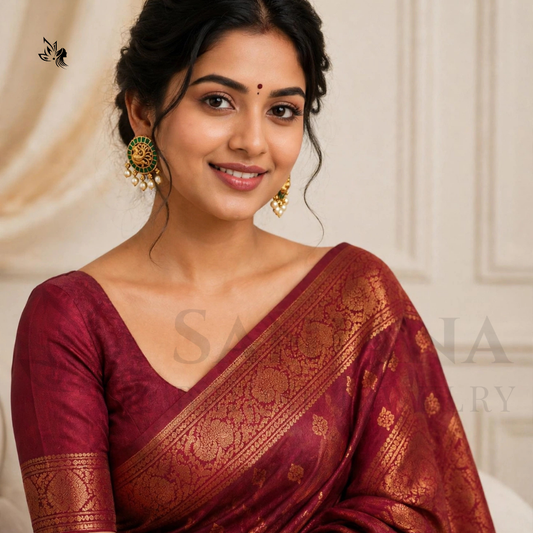 A woman wearing a deep maroon red saree with a gold zari brocade pattern and a matching gold and green earring, posed against a soft beige background.