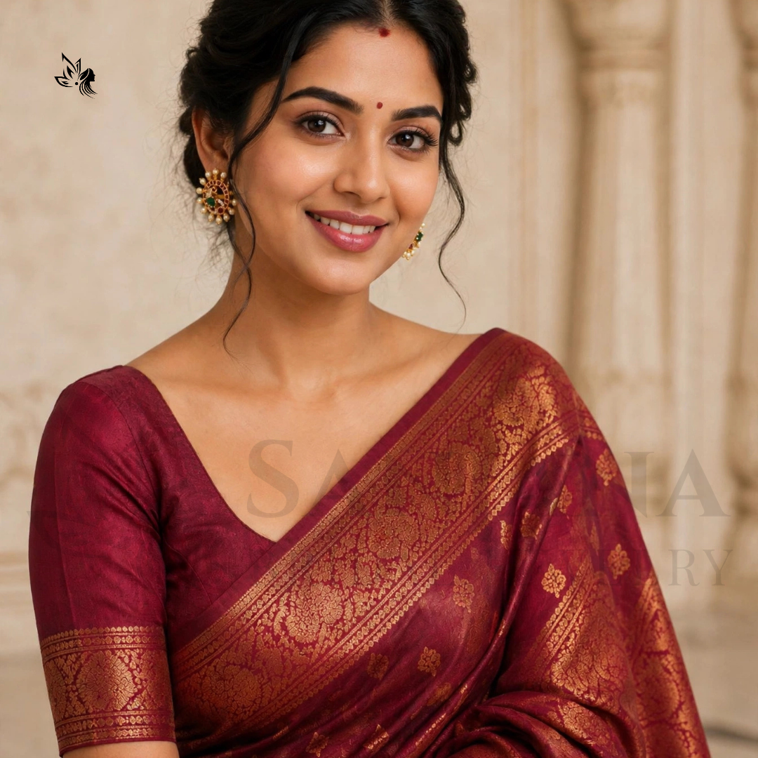 A woman wearing a deep maroon silk saree with a golden zari pattern and a matching maroon blouse, posed against a soft beige architectural background.