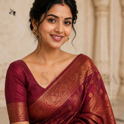 A woman wearing a deep maroon silk saree with a golden zari pattern and a matching maroon blouse, posed against a soft beige architectural background.