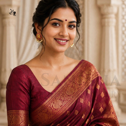 A woman wearing a deep maroon silk saree with an ornate gold zari border and a matching maroon blouse, posed in front of a soft-focus beige stone architectural background.
