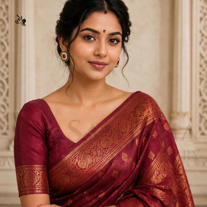 A woman wearing a deep maroon red silk saree with intricate gold zari woven patterns and a matching gold embroidered blouse, posed against a light beige stone wall.