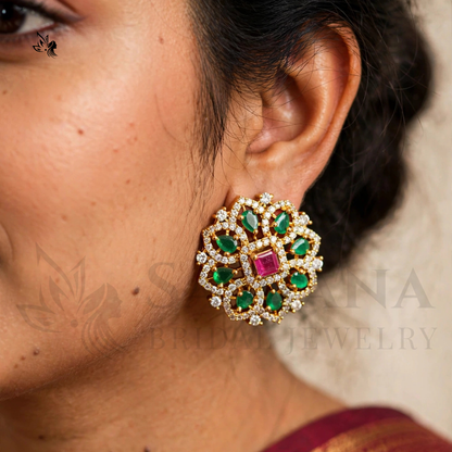 Royal Emerald & Ruby Floral Stud Earrings | Antique Gold Finish