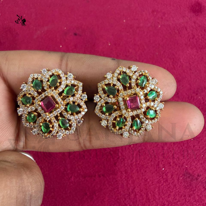 Royal Emerald & Ruby Floral Stud Earrings | Antique Gold Finish