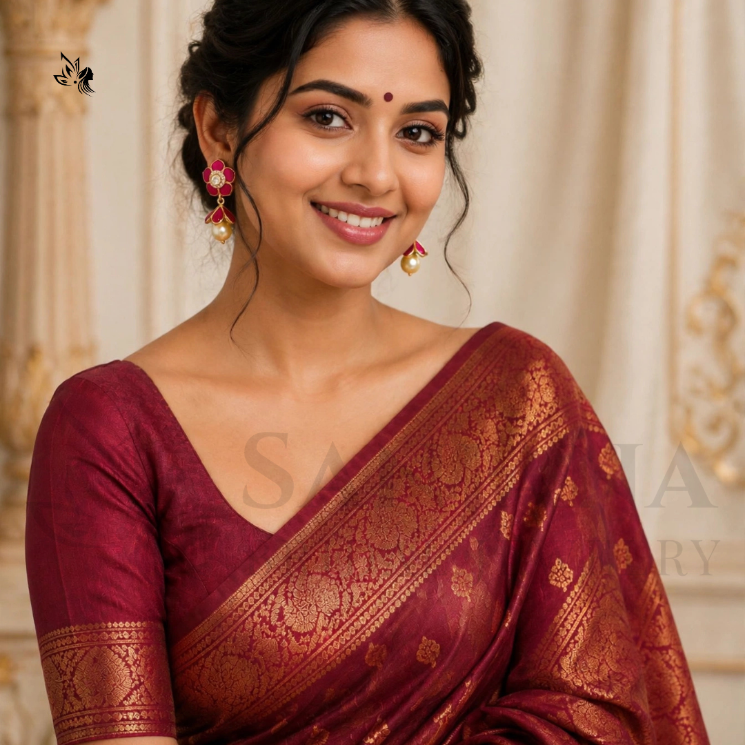 A woman wearing a deep maroon silk saree with gold zari Banarasi motifs and a matching maroon blouse, posed against a soft beige classical background.