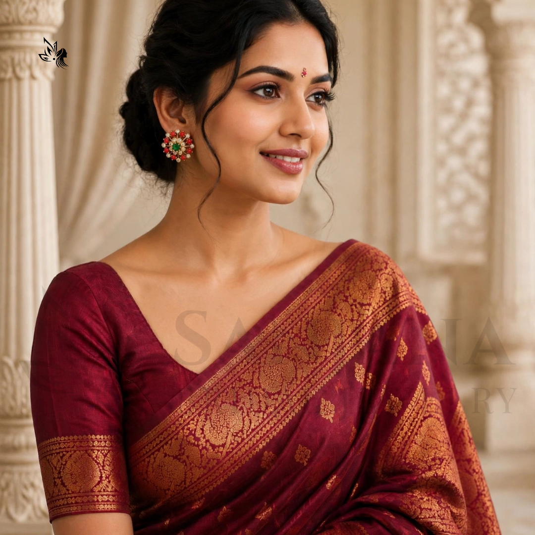 A woman wearing a deep maroon silk saree with intricate gold zari Banarasi patterns, paired with a matching maroon blouse and red/green earrings, posed in front of a classical stone pillar background.
