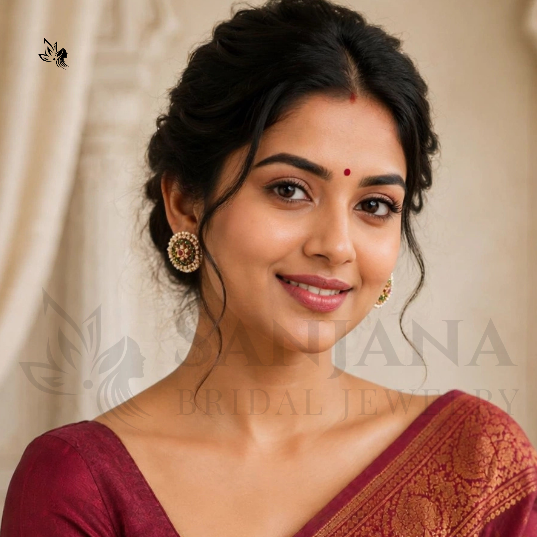 A close-up portrait of a woman wearing ornate gold-toned traditional earrings with red and green stone detailing, paired with a deep maroon blouse. The background is a soft beige curtain with a faint watermark reading 'Sahana Bridal Jewelry'.