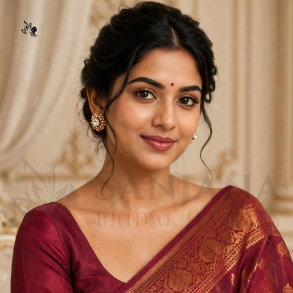 A woman wearing a deep maroon silk saree with a gold zari border and blouse, photographed in a warm indoor setting with a cream-colored draped background.