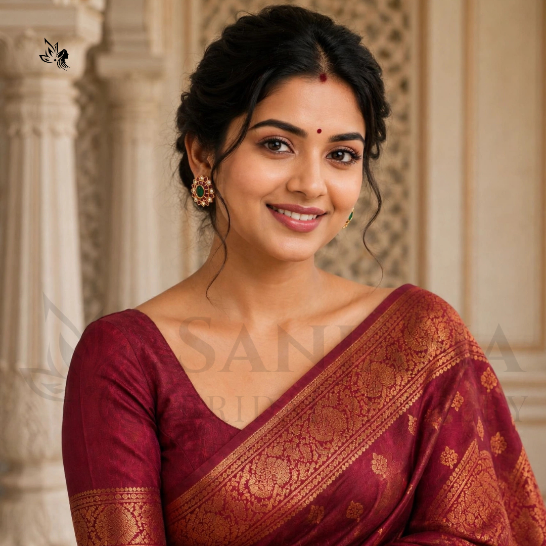 A woman wearing a deep maroon silk saree with intricate gold zari Banarasi embroidery, posed in front of a classical Indian architectural background.