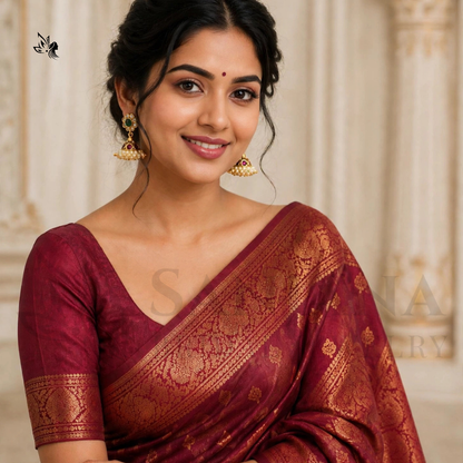 A woman wearing a deep maroon silk saree with a golden zari patterned border and a matching maroon blouse, posed against a soft beige classical column background.