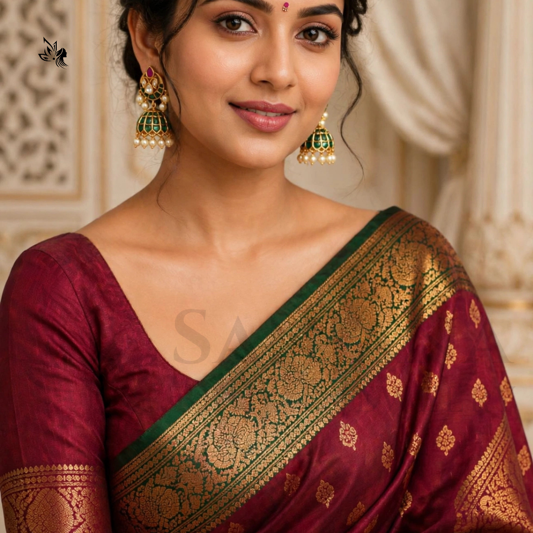 A woman wearing a deep maroon silk saree with a wide green and gold zari border, paired with matching maroon and gold embroidered blouse sleeves. She is wearing ornate gold and green jhumka earrings with pearl bead drops, set against a soft beige background with classical pillars.