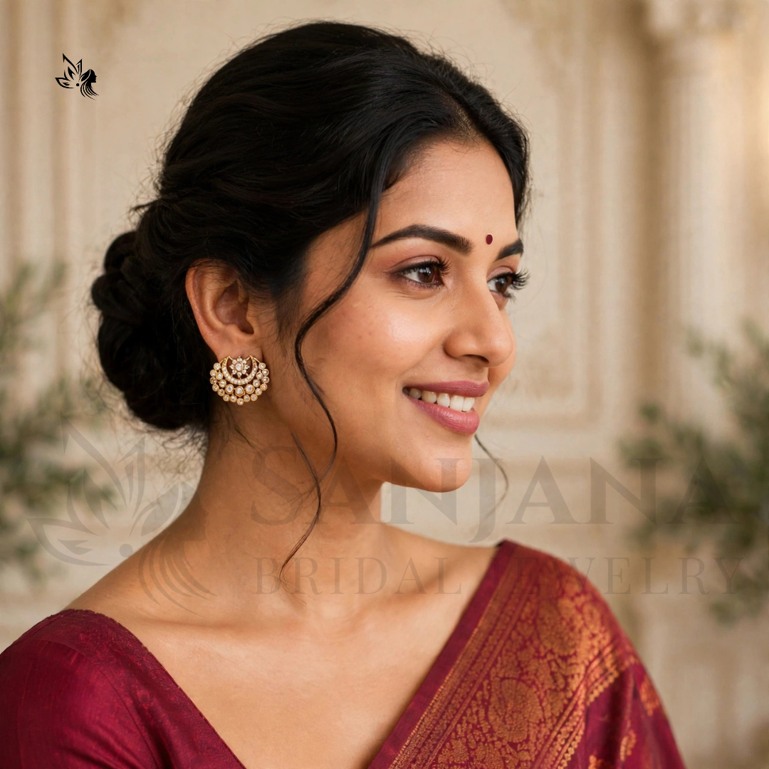 Ornate Gold Crescent Stud Earrings with White Kundan Stones