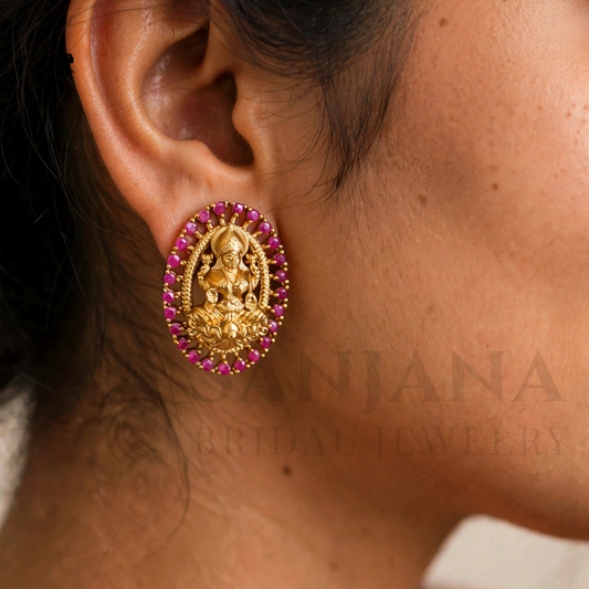 Divine Goddess Lakshmi Oval Stud Earrings with Pink Stones