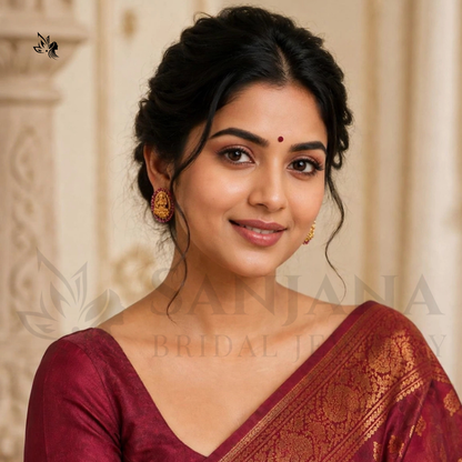 Divine Goddess Lakshmi Oval Stud Earrings with Pink Stones
