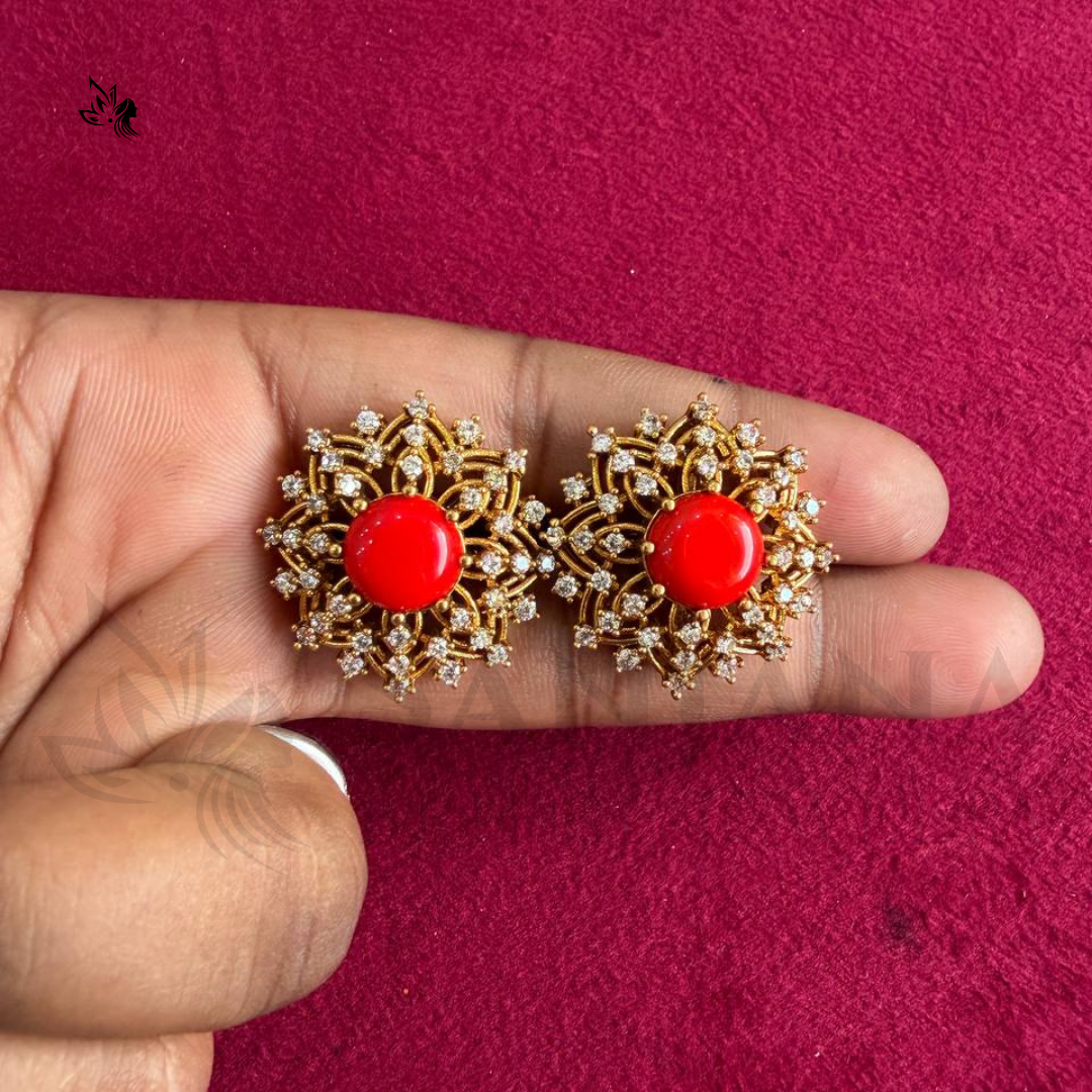 Royal Coral & Zircon Gold-Plated Stud Earrings