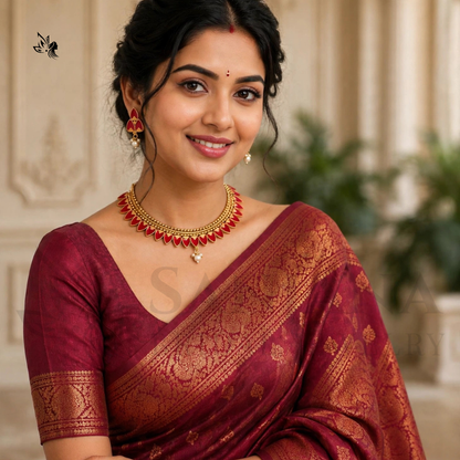 Gold-Toned Red Enamel & Pearl Bridal Necklace Set with Matching Earrings