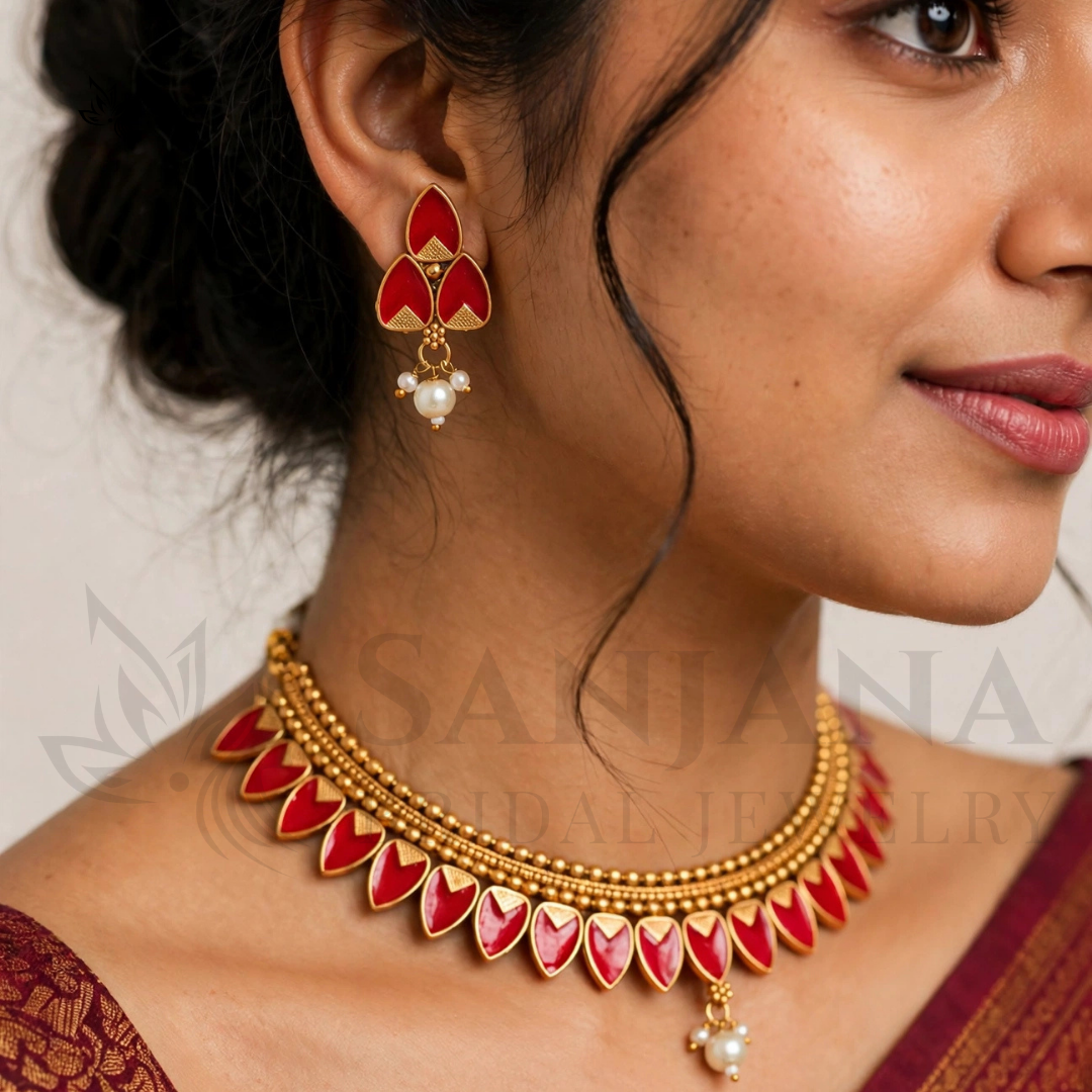 Gold-Toned Red Enamel & Pearl Bridal Necklace Set with Matching Earrings