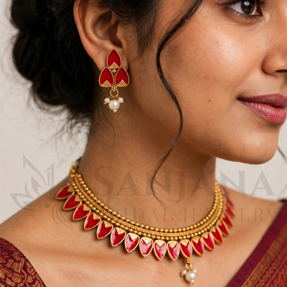 Gold-Toned Red Enamel & Pearl Bridal Necklace Set with Matching Earrings