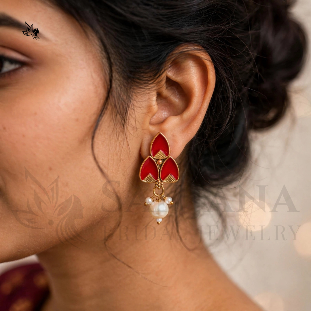 Gold-Toned Red Enamel & Pearl Bridal Necklace Set with Matching Earrings