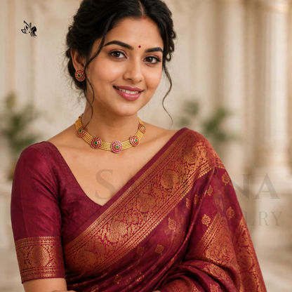Gold-Toned Traditional Choker Necklace Set with Pink & Green Stone Circular Motifs